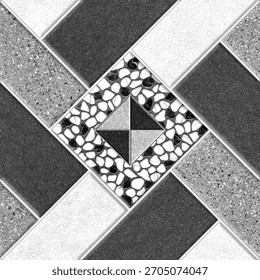 A square tile pattern with geometric shapes and contrasting textures in black, white, and gray.