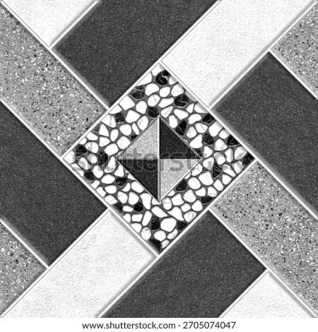 A square tile pattern with geometric shapes and contrasting textures in black, white, and gray.