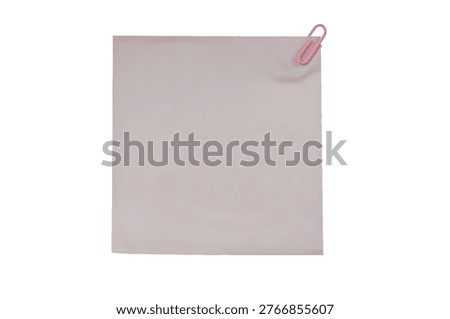 Square white paper sheet held by pink paper clip isolated on transparent background, PNG. Concepts of reminders, organization, office stationery, planning, mockup, minimal design, communication.