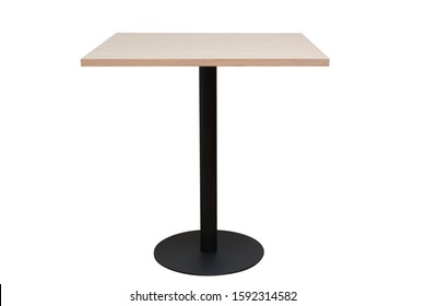 Square wood table, with black metal single leg. 