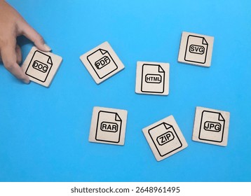 Square wooden with save file icon or download file format JPEG, ZIP, HTM, RAR, PDF And DOC file. files are saved into folders. Concept document management system or DMS.Highest Quality Image Format