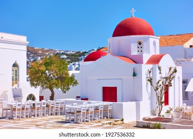 Square wuth old greek church in Mykonos (Chora), Greece               - Shutterstock ID 1927536332