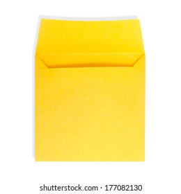 Square Yellow Envelope Open On A White Background With Clipping Path.