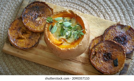 Squash With Cashew Cheese. Pumpkin With Vegan Cheese Sauce