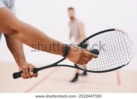 Squash, man and racket serve in game, competition and team for indoor fitness or tournament. Male person, friends and court for physical training or workout, practice sports and athletes for exercise