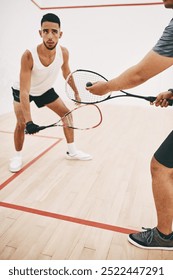 Squash, people and racket serve on court, competition and team for indoor fitness or tournament. Men, friends and gym for physical training or workout, practice sports and athletes for exercise