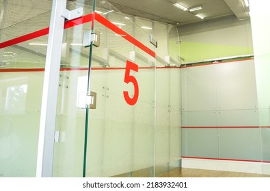 Squash Room Number 5 In The Tennis Club. The Number On The Glass Door. Horizontal Photo.  Minsk, Belarus- May 25, 2022