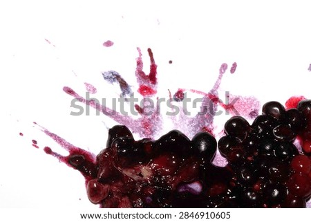Squashed exploding and crushed blackberries fruit berries splattered on a white background with juice