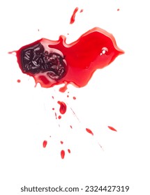 Squashed ripe sour cherry in the puddle of red juice isolated on white