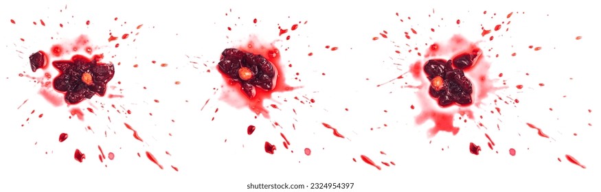 Squashed ripe sour cherry in the puddle of red juice isolated on white