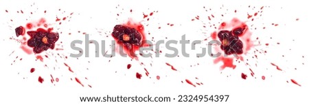 Squashed ripe sour cherry in the puddle of red juice isolated on white