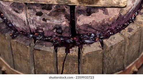 The squeezer is used to press the wine. Technology of wine production in Moldova. The folk tradition of making wine. The ancient tradition of grape processing. Harvest home.