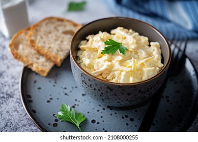 Squid Egg Mayonnaise Salad In A Bowl. Tinting. Selective Focus