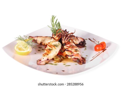 Squid Grilled. Traditional Food Of The Balkan Countries - Croatia, Montenegro.