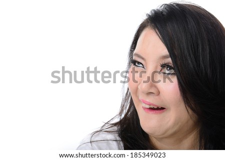 squint eyed crazy woman isolated on white