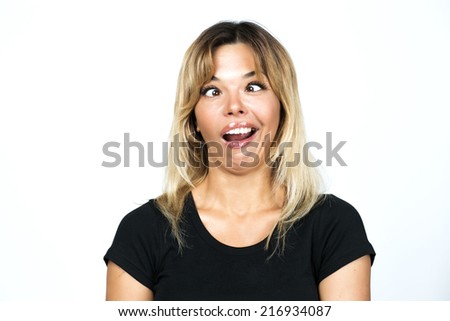 squint eyed woman with weird expression isolated on white