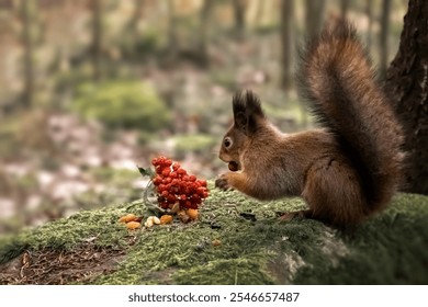 A squirrel eats nuts and berries in the forest. Photo