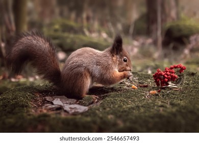 A squirrel eats nuts and berries in the forest. Photo - Powered by Shutterstock