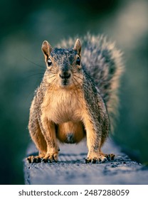 Squirrel looking at camera standing straight on a wooden ledge