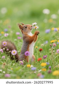Squirrel sniffs flower in meadow.