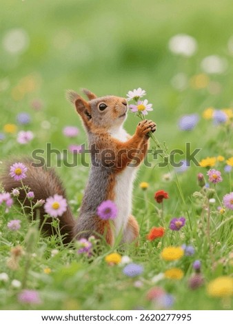 Squirrel sniffs flower in meadow.