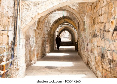 Sreet of Jerusalem Old City Alley made with hand curved stones. Israel