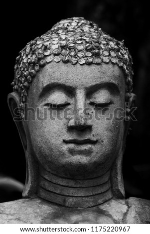 Sri Lanka Anuradhapura, acient city, statue of Buddha detail face black and white