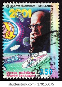 SRI LANKA - CIRCA 1999: A Stamp Printed In Sri Lanka Shows Portrait Of Sir Arthur C. Clarke, And Satellites, Earth From Outer Space, Circa 1999