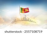 Sri Lanka flag wavering on globe with modern building skyline. Flag waving on world map. Sri Lanka national flag for independence day.