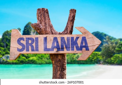 Sri Lanka Wooden Sign With Beach Background