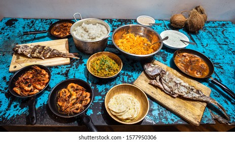 Sri Lankan Fresh Food, Grilled Fish, Rice And Curry, Shrimps 