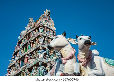The Sri Mariamman Hindu Temple Chinatown in Singapore - Selective focus at cows