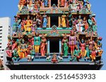 Sri Mariamman Temple in Singapore Chinatown district. The temple was freshly repainted in 2023.