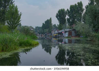  SRINAGAR, INDIA -22 JULY 2018: Floating convenience shop selling packed food items in the middle of Srinagar Lake's village, at sunset. Kashmir, India