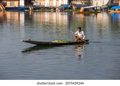 Srinagar, India - july 03, 2015 : Lifestyle in Dal lake, local people use Shikara, a small boat for transportation in the lake of Srinagar, Jammu and Kashmir state, India. Indian man on a boat