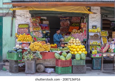 Srinagar, India - july 03, 2015 : Indian man sells fruit at a street market in Srinagar, Jammu and Kashmir state, India