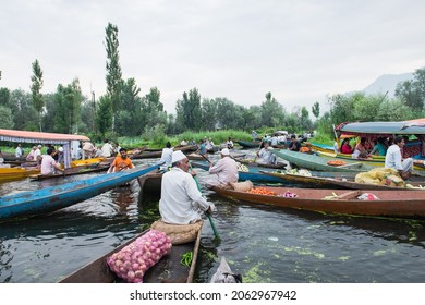 SRINAGAR , INDIA on 22 JULY 2018  morning floating vegetable market - Sellers gathered to sell their vegetables in floating market at Dal Lake,  SriNagar, India