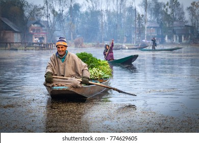 Srinagar, Jammu and Kashmir, India - November 19, 2015 : A Shikara Boat Floating On Dal Lake Lake in Srinagar, Kashmir