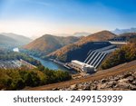 Srinakarin Dam is a water storage dam for electricity generation and agriculture in the middle of a valley in Kanchanaburi, Thailand.