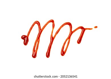 Sriracha Line Isolated. Hot Spicy Sauce Splash, Tomato Ketchup Blobs On White Background. Catsup Dollops Or Pomidor Splash Drops Top View