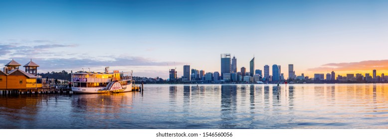The SS Decoy at South Perth and the Perth City skyline during sunrise. PERTH, WESTERN AUSTRALIA. Photographed: June, 2016.