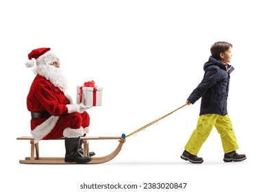 Ssanta holding a present and sitting on a sled pulled by a child isolated on white background - Powered by Shutterstock