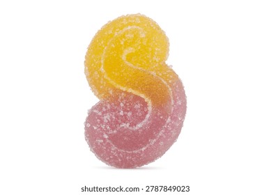 An S-shaped gummy candy features a curved, fluid silhouette. The confection possesses a semi-translucent, gelatinous internal structure that permits light to diffuse through its edges. A dense layer of granulated sugar crystals covers the entire exterior, providing a textured, refractive surface across the object. The candy displays a distinct color gradient, transitioning from a warm yellow at the upper curve to a soft, pastel pink at the lower end, with a blended orange section situated in the center. Its shape retains a consistent thickness throughout the form, with smooth, rounded edges that define its overall geometry. This individual candy is a singular, clean, and clearly delineated food item. The white background eliminates spatial depth and external architecture. This environment maintains a consistent, neutral light quality that removes directional shadows and atmospheric variables. Captured during the spring season in May, the scene remains sterile and minimalist, emphasizing a high-brightness environment devoid of geographic markers or natural landscape elements. Every aspect of this setup focuses on a managed condition that exists independently of external weather or climate. The surface presents a granular, crystalline texture created by the dense layer of translucent sugar particles that scatter light across the curved form. The underlying material appears jelly-like with a soft, supple quality, while even illumination removes harsh shadows, highlighting the granular finish against the flat, neutral white field.