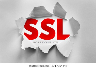 SSL acronym for Secure Sockets Layer displayed behind a torn paper design, symbolizing encrypted internet communication, digital security, and protection for sensitive online data exchange