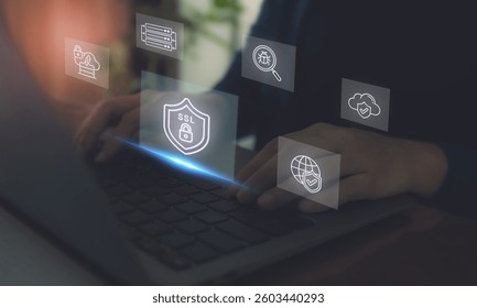 SSL, Secure Sockets Layer, cybersecurity concept. A person types on a laptop keyboard with digital icons representing cybersecurity concepts such as SSL, cloud security and malware detection. 