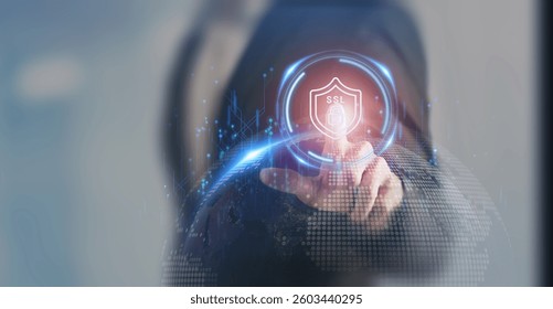 SSL, Secure Sockets Layer, cybersecurity concept. Touch screen on digital icons representing cybersecurity concepts such as SSL, cloud security and malware detection. 