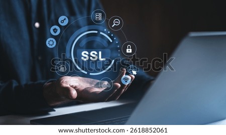 SSL security certification concept with digital icons floating over hands, modern style, dark background. Concept of secure internet communication