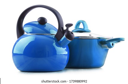 Sstainless Steel Stovetop Kettle With Whistle And Pot Isolated On White