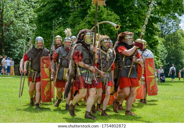 St Albans,\
Hertfordshire / England - June 22, 2019: The Ermine Street Guard\
reenact Roman battles at a new Roman Festival held on the same day\
as the Alban Pilgrimage\
2019.