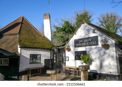 St Albans, UK - January 20 2021: 'Ye Olde Fighting Cocks' pub, Britain's oldest pub, Abbey Mill Lane,  St Albans, Englandbri